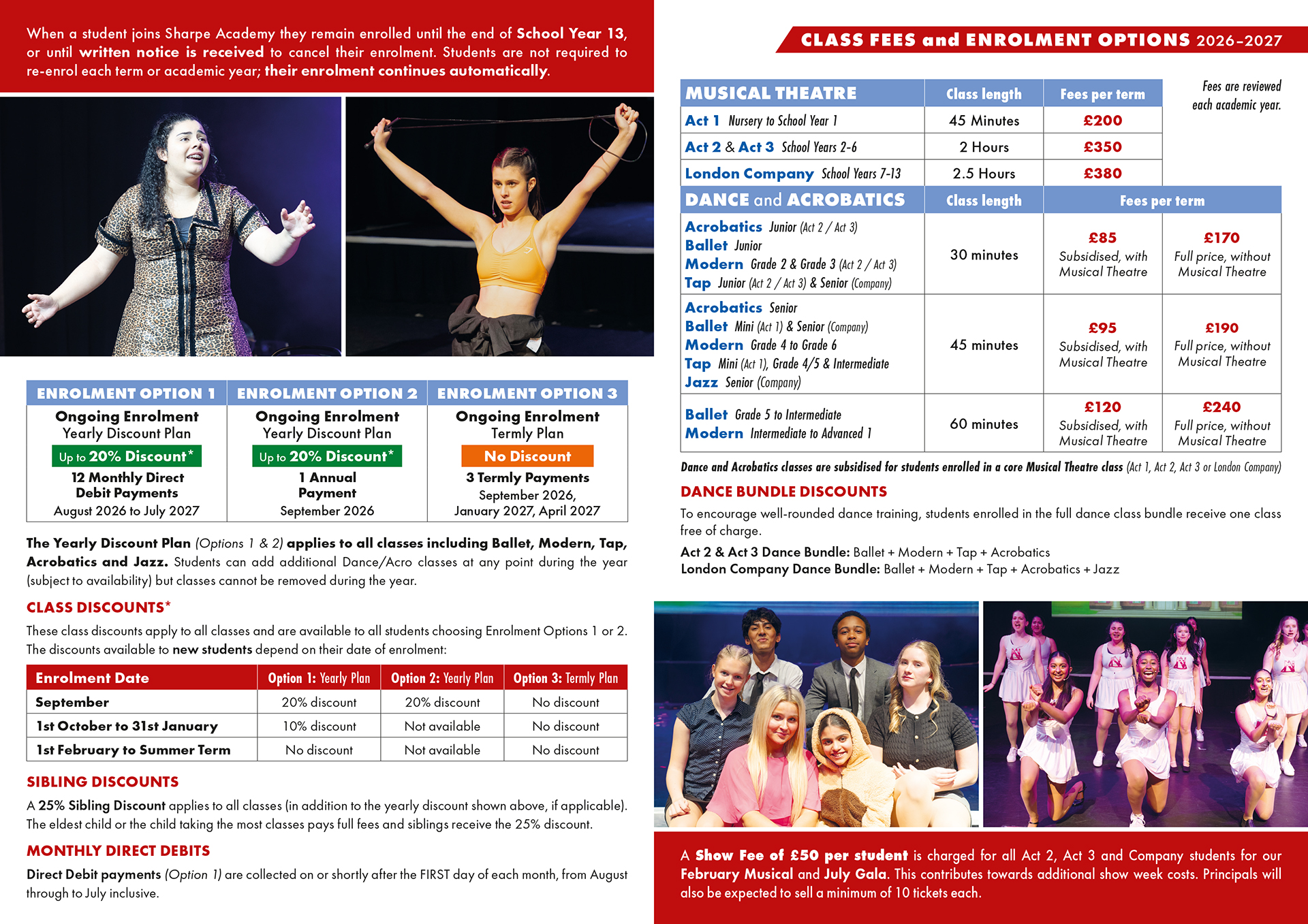 This image provides a graphical display of the 2026-2027 class fees and payment options for Sharpe Academy's part-time classes. This information is also available within the downloadable PDF found on this page.